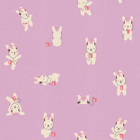 a repeating pattern of cartoon rabbits wearing headphones and holding small red squares.