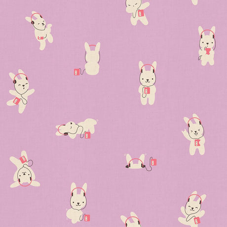 a repeating pattern of cartoon rabbits wearing headphones and holding small red squares.