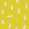 a repeating pattern of cartoon rabbits wearing headphones and holding small objects, such as a pink heart or a pink phone, against a yellow background.