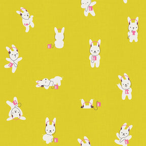 a repeating pattern of cartoon rabbits wearing headphones and holding small objects, such as a pink heart or a pink phone, against a yellow background.