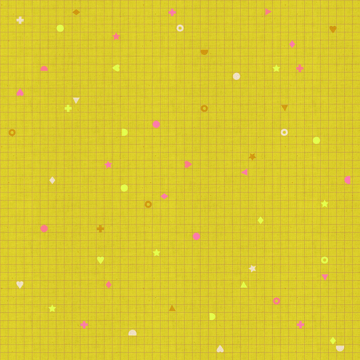 The image is a vibrant yellow grid pattern with various colorful shapes and symbols scattered throughout, creating a visually striking and abstract composition.