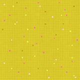 The image is a vibrant yellow grid pattern with various colorful shapes and symbols scattered throughout, creating a visually striking and abstract composition.