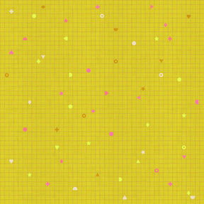 The image is a vibrant yellow grid pattern with various colorful shapes and symbols scattered throughout, creating a visually striking and abstract composition.