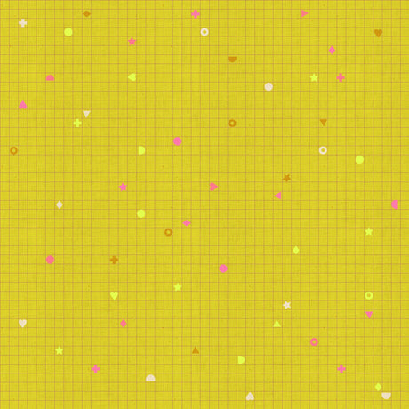 The image is a vibrant yellow grid pattern with various colorful shapes and symbols scattered throughout, creating a visually striking and abstract composition.