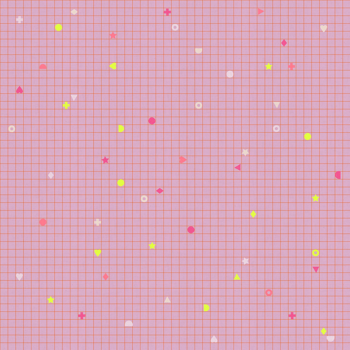 a pink grid pattern with various geometric shapes, including circles, triangles, and rectangles, scattered across the grid.