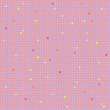 a pink grid pattern with various geometric shapes, including circles, triangles, and rectangles, scattered across the grid.