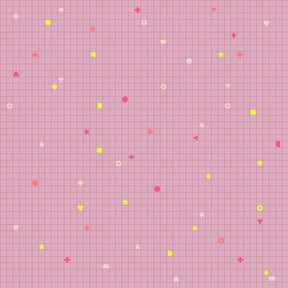 a pink grid pattern with various geometric shapes, including circles, triangles, and rectangles, scattered across the grid.