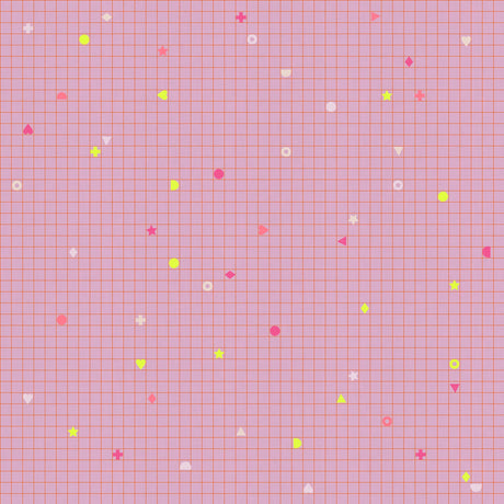 a pink grid pattern with various geometric shapes, including circles, triangles, and rectangles, scattered across the grid.