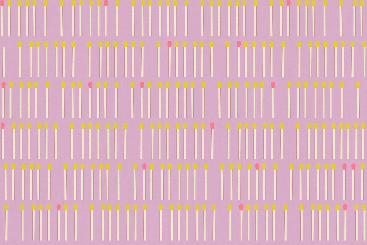 a repeating pattern of yellow and white matchsticks arranged in a grid-like fashion against a pink background.