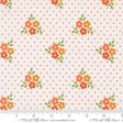 a fabric with a repeating pattern of orange flowers and green leaves against a white background with orange polka dots.