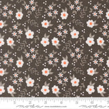 a repeating pattern of white flowers with orange centers against a dark brown background.