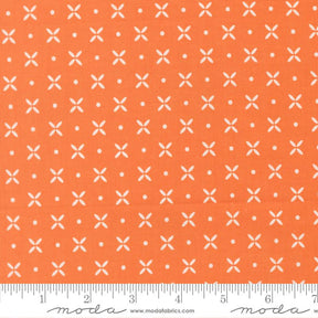 a repeating pattern of white flower-like shapes on an orange background.
