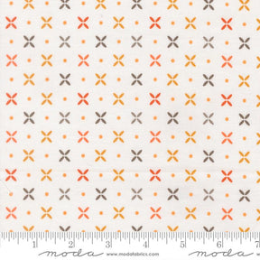a fabric with a repeating pattern of orange and gray flowers, with small orange dots scattered throughout the fabric.