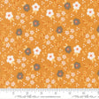 The image is a fabric with a repeating pattern of white and orange flowers and leaves on a yellow background.