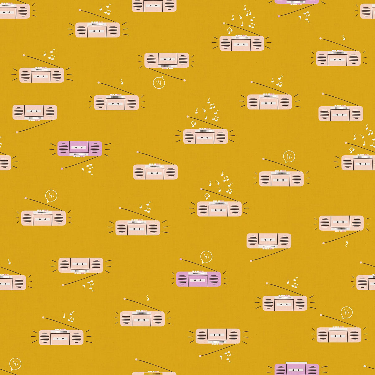 a repeating pattern of cartoon-style radio devices on a yellow background.