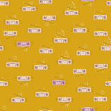 a repeating pattern of cartoon-style radio devices on a yellow background.