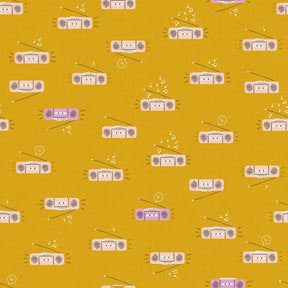 a repeating pattern of cartoon-style radio devices on a yellow background.