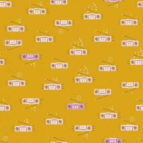 a repeating pattern of cartoon-style radio devices on a yellow background.