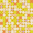 The image is a vibrant and colorful collage of various geometric shapes and patterns, including circles, triangles, squares, and rectangles, arranged in a grid-like pattern. The colors used are predominantly yellow, pink, and white, creating a visually striking and dynamic composition.