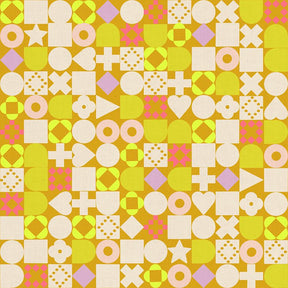 The image is a vibrant and colorful collage of various geometric shapes and patterns, including circles, triangles, squares, and rectangles, arranged in a grid-like pattern. The colors used are predominantly yellow, pink, and white, creating a visually striking and dynamic composition.
