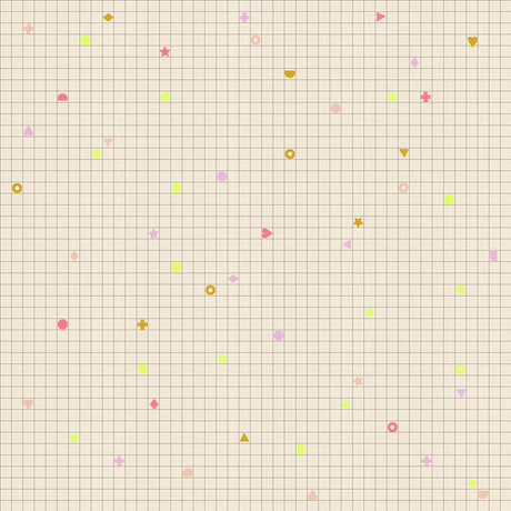 a grid-like pattern with various geometric shapes and symbols, including triangles, squares, and circles, scattered across the background.