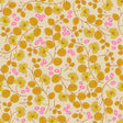 a repeating pattern of yellow and pink flowers and leaves on a light beige background.