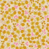 a repeating pattern of yellow and pink flowers and leaves on a light beige background.