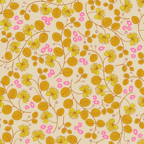a repeating pattern of yellow and pink flowers and leaves on a light beige background.