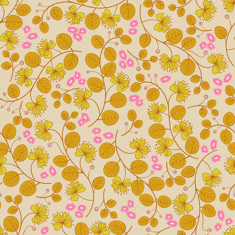 a repeating pattern of yellow and pink flowers and leaves on a light beige background.