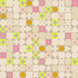 The image is a collage of various geometric shapes and patterns, including circles, triangles, squares, and diamonds, arranged in a grid-like pattern. The colors used are predominantly pink, yellow, and beige, creating a visually striking and vibrant composition.