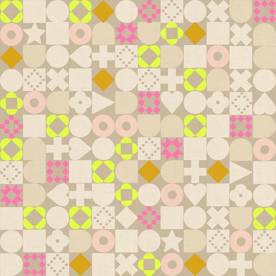 The image is a collage of various geometric shapes and patterns, including circles, triangles, squares, and diamonds, arranged in a grid-like pattern. The colors used are predominantly pink, yellow, and beige, creating a visually striking and vibrant composition.