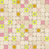 The image is a collage of various geometric shapes and patterns, including circles, triangles, squares, and diamonds, arranged in a grid-like pattern. The colors used are predominantly pink, yellow, and beige, creating a visually striking and vibrant composition.