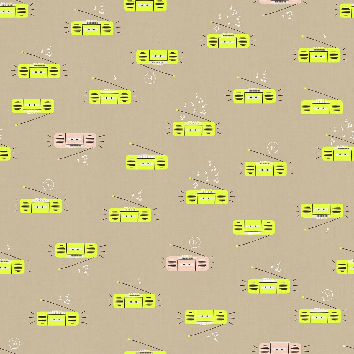 a repeating pattern of yellow and pink radio devices with musical notes scattered throughout the background.