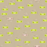 a repeating pattern of yellow and pink radio devices with musical notes scattered throughout the background.