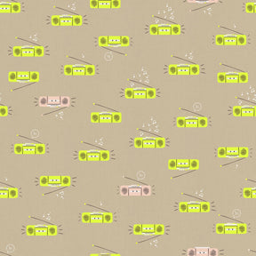 a repeating pattern of yellow and pink radio devices with musical notes scattered throughout the background.