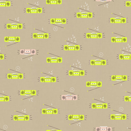 a repeating pattern of yellow and pink radio devices with musical notes scattered throughout the background.