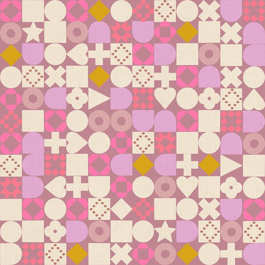 The image is a vibrant and colorful pattern composed of various geometric shapes and symbols in shades of pink, white, and yellow. The pattern appears to be a repeating design, with each shape and symbol arranged in a grid-like fashion, creating a visually striking and intricate composition.