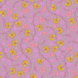 a repeating pattern of pink and yellow flowers and leaves on a purple background.