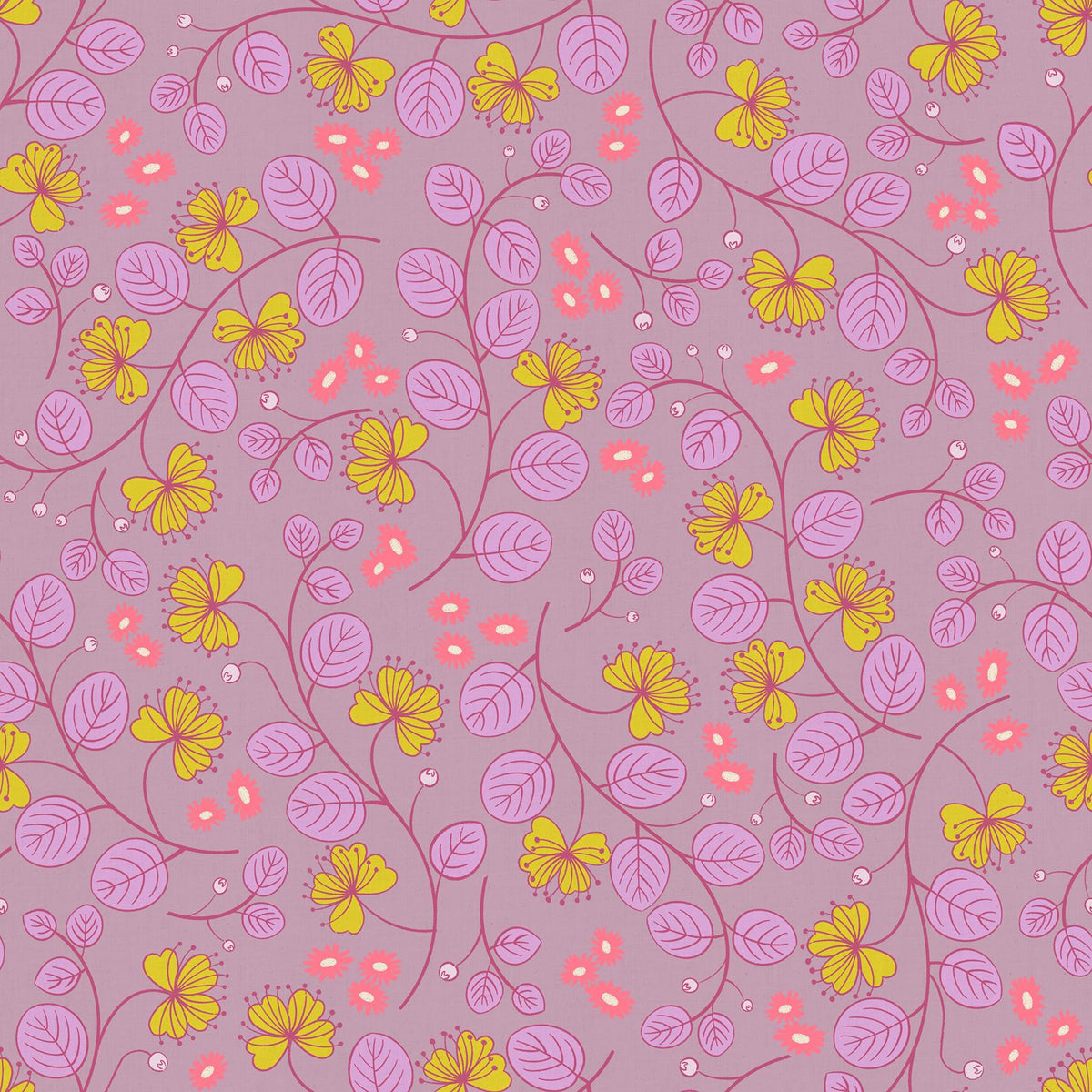 a repeating pattern of pink and yellow flowers and leaves on a purple background.