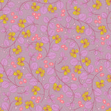 a repeating pattern of pink and yellow flowers and leaves on a purple background.