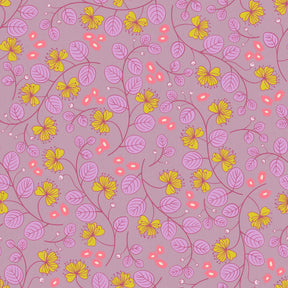 a repeating pattern of pink and yellow flowers and leaves on a purple background.