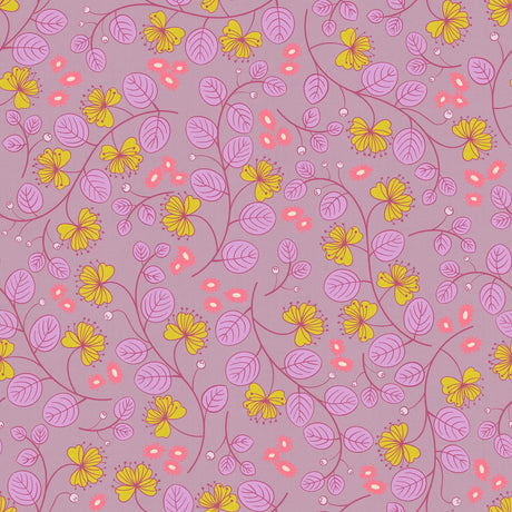 a repeating pattern of pink and yellow flowers and leaves on a purple background.