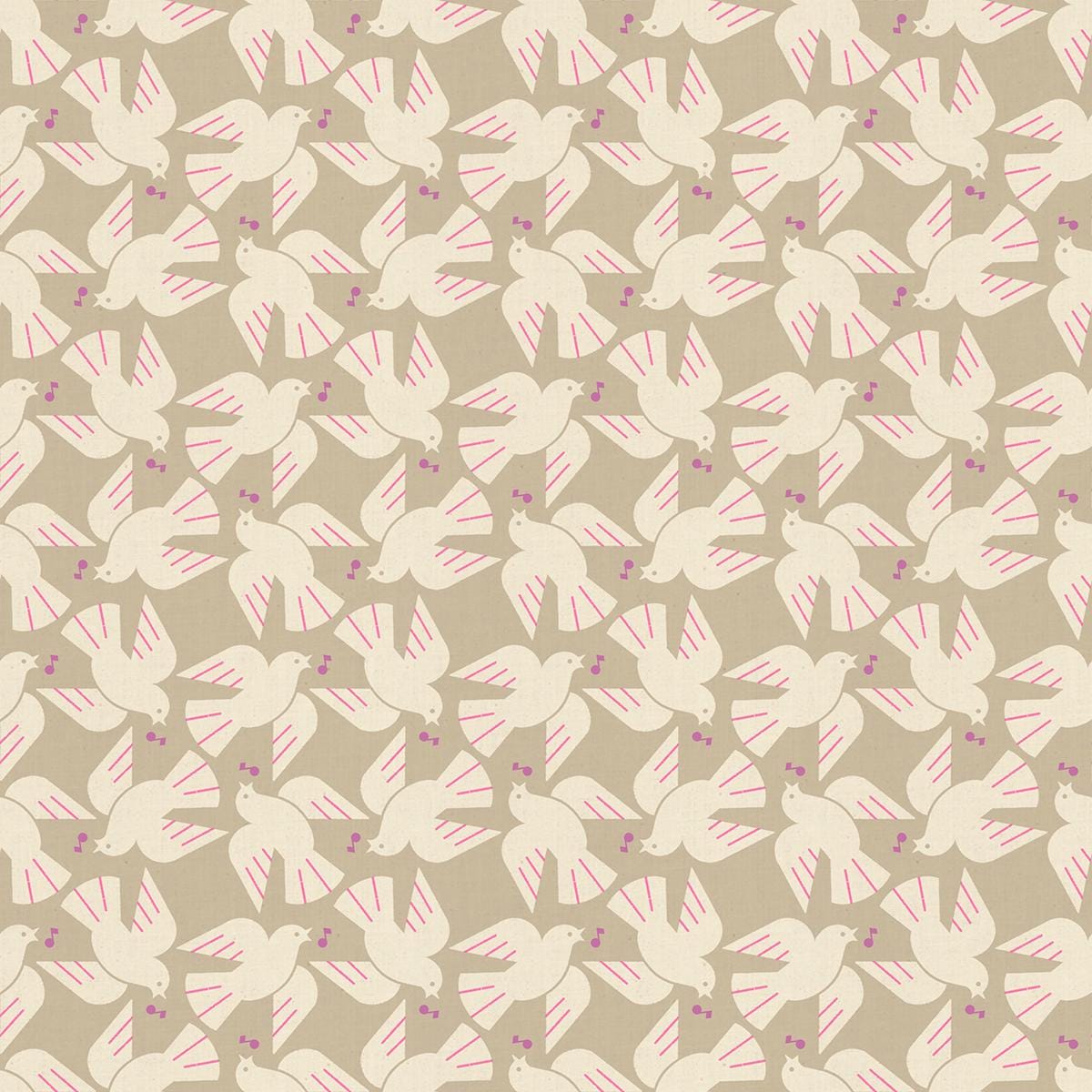 a repeating pattern of white birds with pink accents, creating a visually appealing and harmonious design.