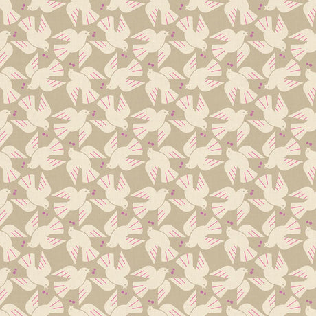 a repeating pattern of white birds with pink accents, creating a visually appealing and harmonious design.