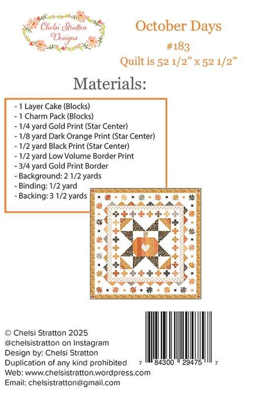 October Days Quilt Pattern CSD 183 by Chelsi Stratton Designs 52.5" x 52.5" Paper Pattern Only