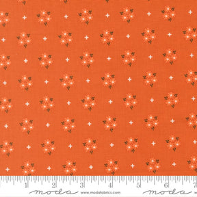 The image is a fabric with a repeating pattern of orange flowers and white stars on it. The pattern is evenly spaced and covers the entire fabric.