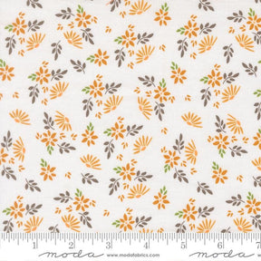 a repeating pattern of orange and brown flowers and leaves on a white background.