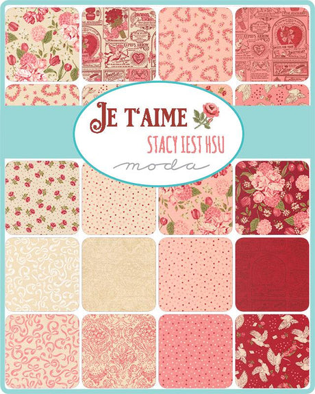 The image is a collage of various fabric patterns in shades of pink and red, arranged in a grid format.