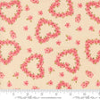 a fabric with a floral pattern of hearts and flowers on a light beige background.
