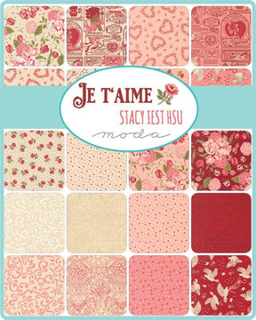 The image is a collage of various fabric patterns in shades of pink and red, arranged in a grid format.